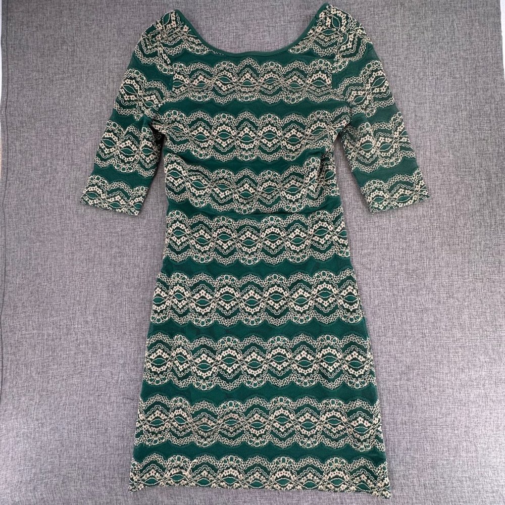 Gianni Bini Lace Dress Green & Gold Small Boat Neck Lined Nylon Polyester Spande